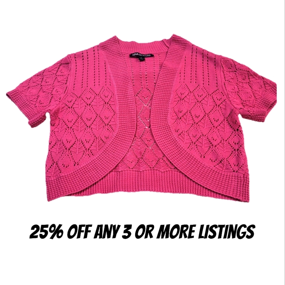 Pink Cropped Knit Sweater Size Large Cutout Bolero Shrug Shawl Short Sleeve